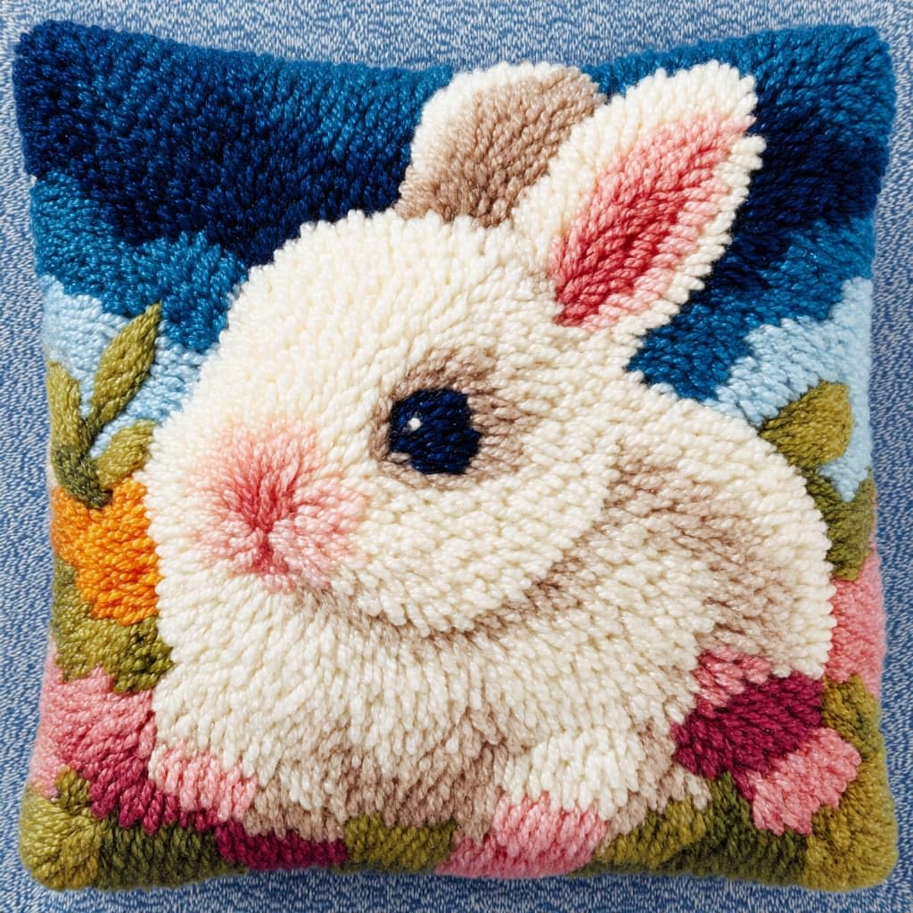 Taxpy DIY Latch Hook Rug Kits, Animal Rabbit Latch Hook Cushion Kits Pillowcase Rug Pattern Arts and Crafts Crochet Needlework 43x43cm