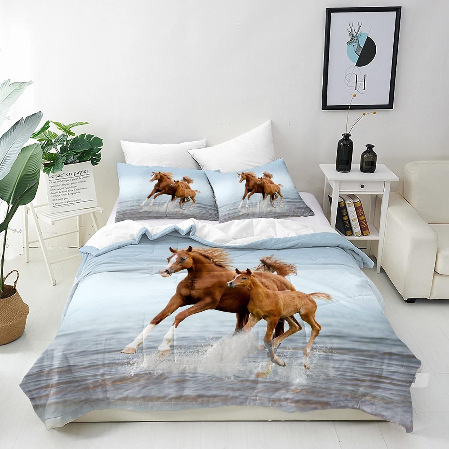 Parure lit cheval brun 160x200 cm lavable et facile à border pour lit 1 personne