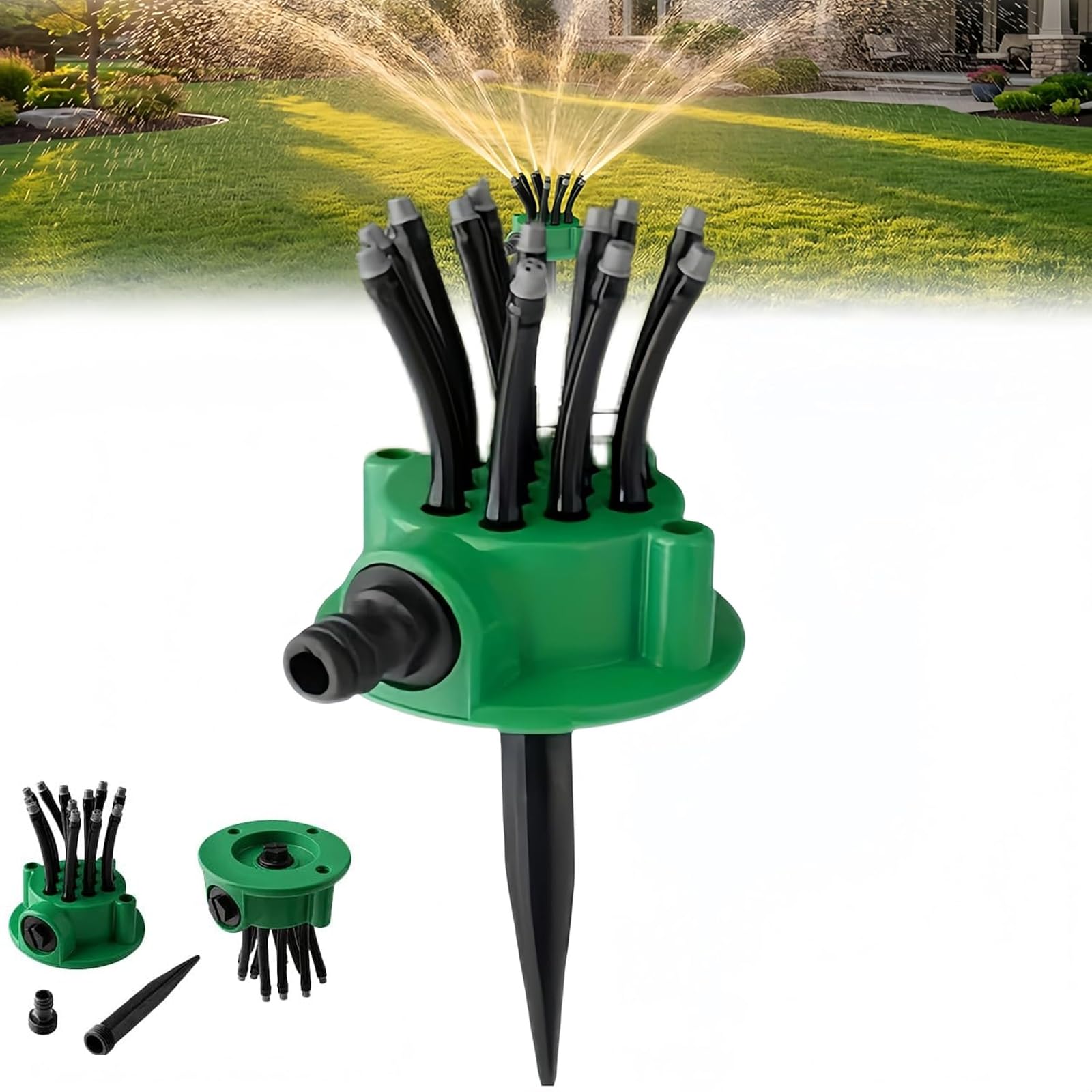 Sistema de riego de jardín, riego de 360°, ajustable, multidireccional, giratorio automático, con 12 boquillas flexibles para macizos de flores, cuidado del césped, 1 pieza