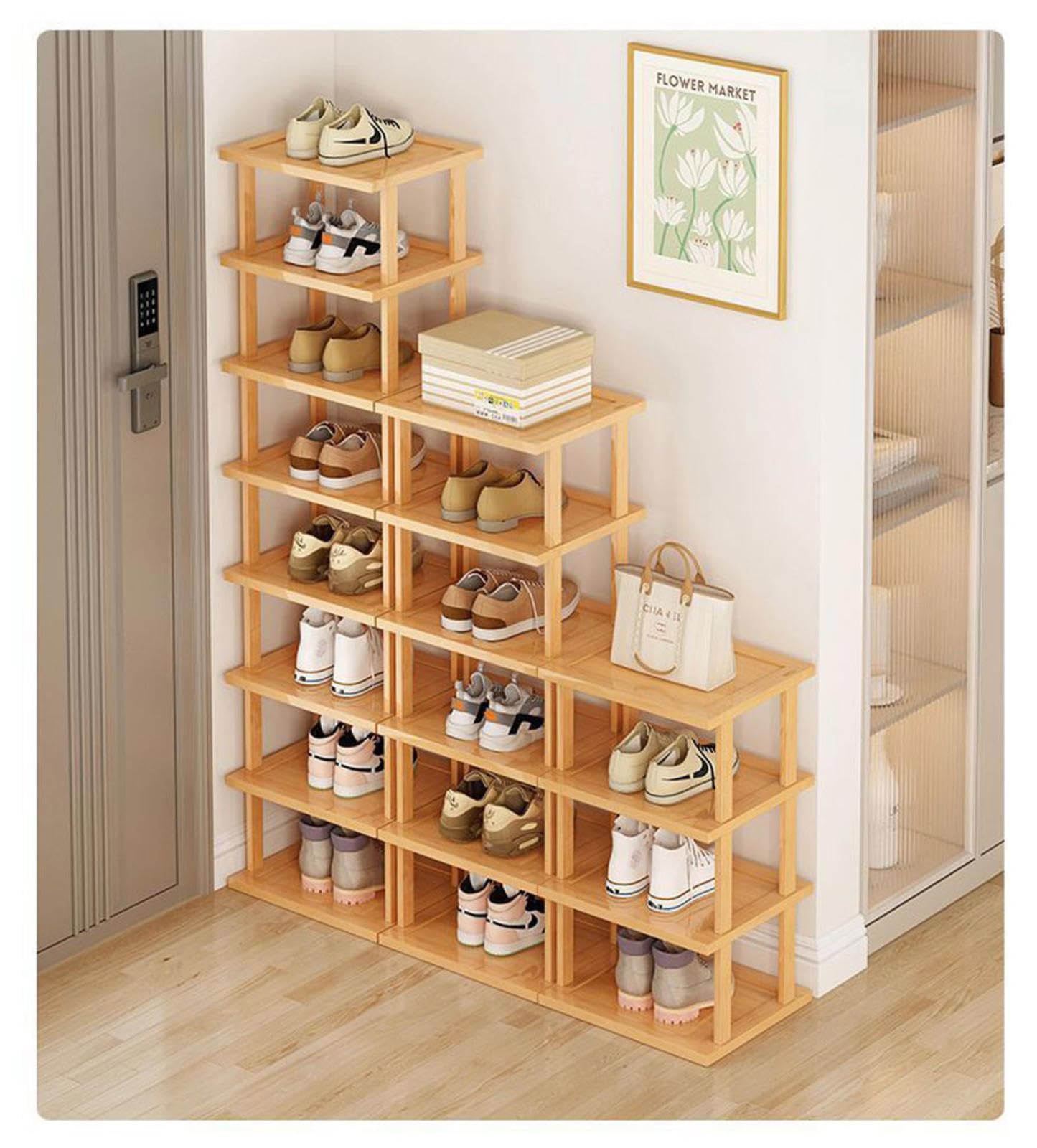 Zapatero extensible de bambú apilable para entrada, pasillo, dormitorio, armario, 9 niveles, para garaje, esquina, diseño minimalista, estante vertical para zapatos de pie, 65 cm de altura