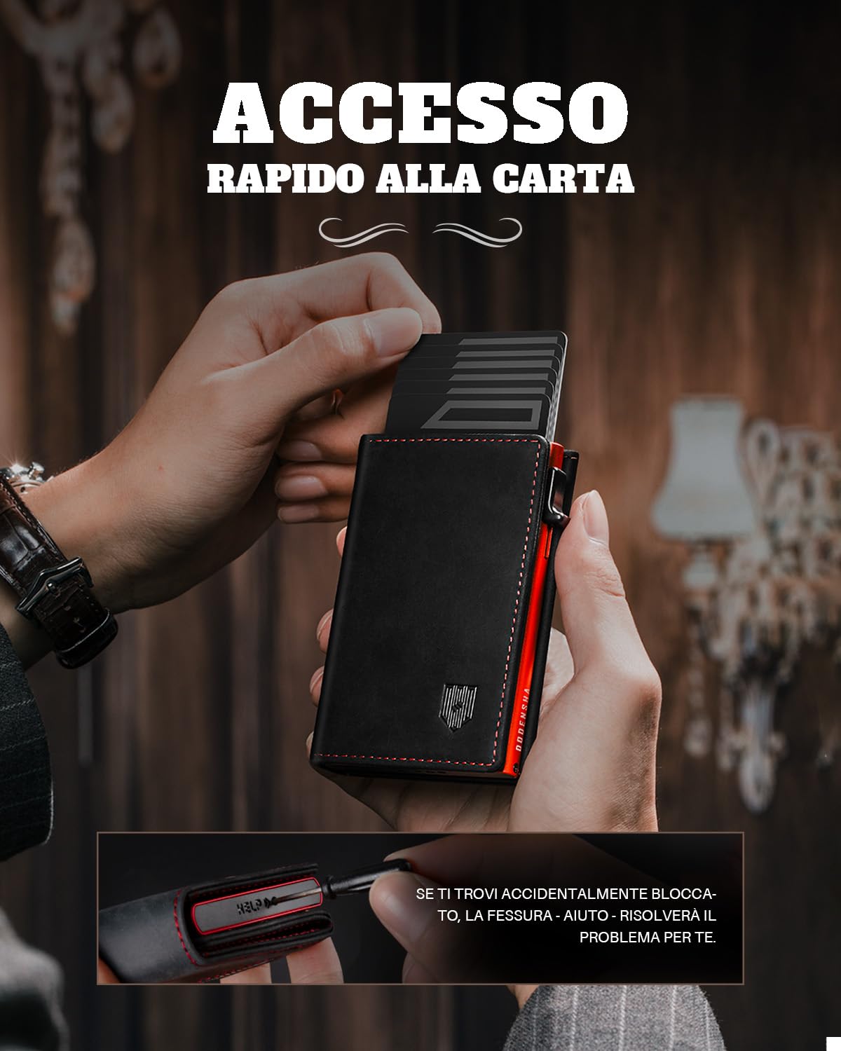 DODENSHA MagSnap Portafoglio da uomo sottile con scomparto per monete, portafogli da uomo per 10 carte di credito, chiusura magnetica, portamonete, protezione RFID (Nero/Rosso)