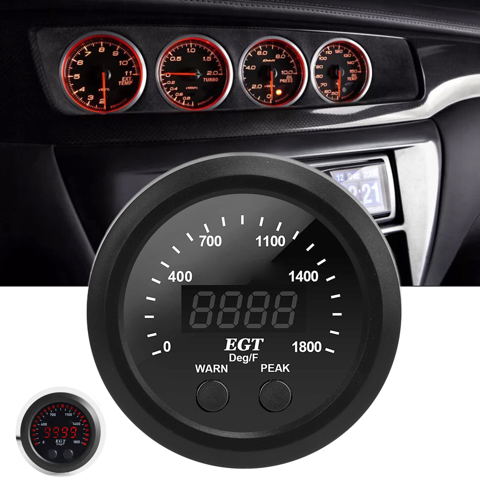 Miernik temperatury gazu, 12 V, samochodowy miernik temperatury gazu, 52 mm, ultracienki, uniwersalny miernik EGT z czujnikiem, 0-1800 ℉, czerwone diody LED, białe tło