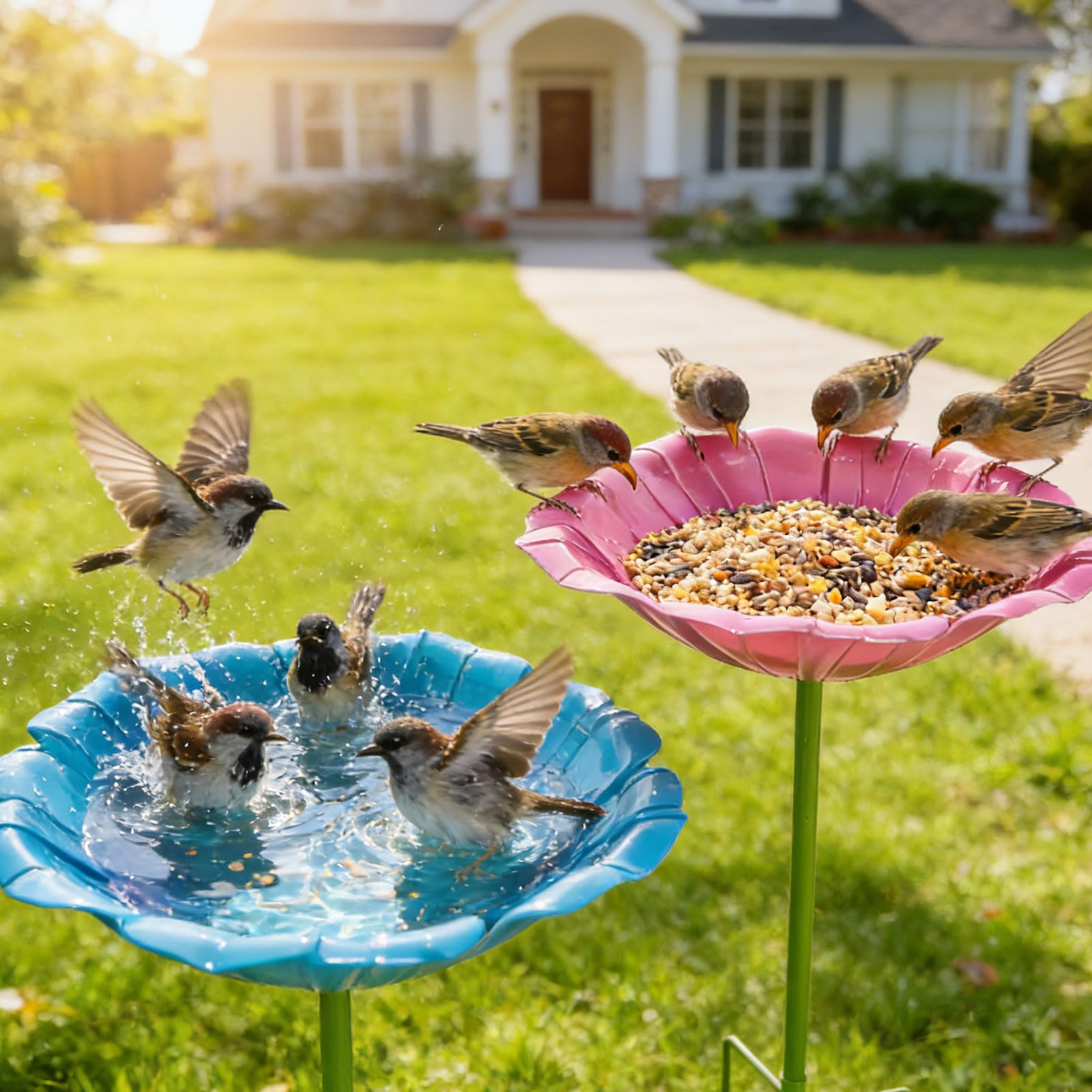 2stk Vogeltränke Stehend, 80cm Metall Blumen Vogeltränke Gartenstecker Mit 5 Bodennägeln, Voge-ltränke Winterfest Frostsicher Rostfreien, Futterstation Vögel Insektentränke Für Garten,Hinterhof(A)