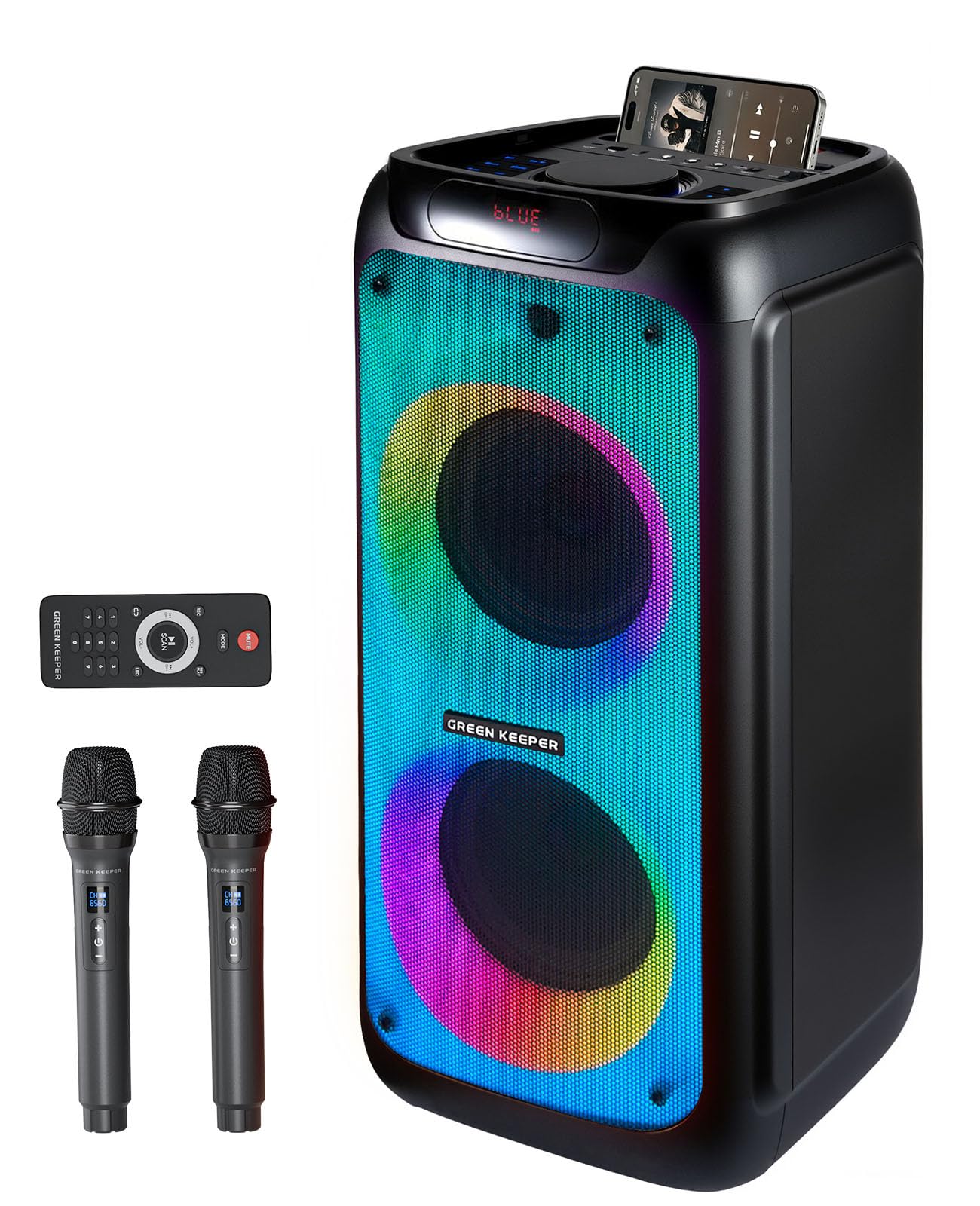 GKD80 Cassa Karaoke per Adulti con 2 Microfoni UHF Wireless, Altoparlante Bluetooth da 600W di Potenza di Picco, 2 Subwoofer da 8", Speaker Portatile per Feste con Telecomando e Ruote, Ideale Feste
