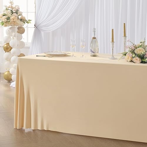 Miniatura 5 de Mantel de 3 lados de elastano champán de 6 pies para mesas rectangulares, resistente a las arrugas, elástico, para fiestas, banquetes, eventos,
