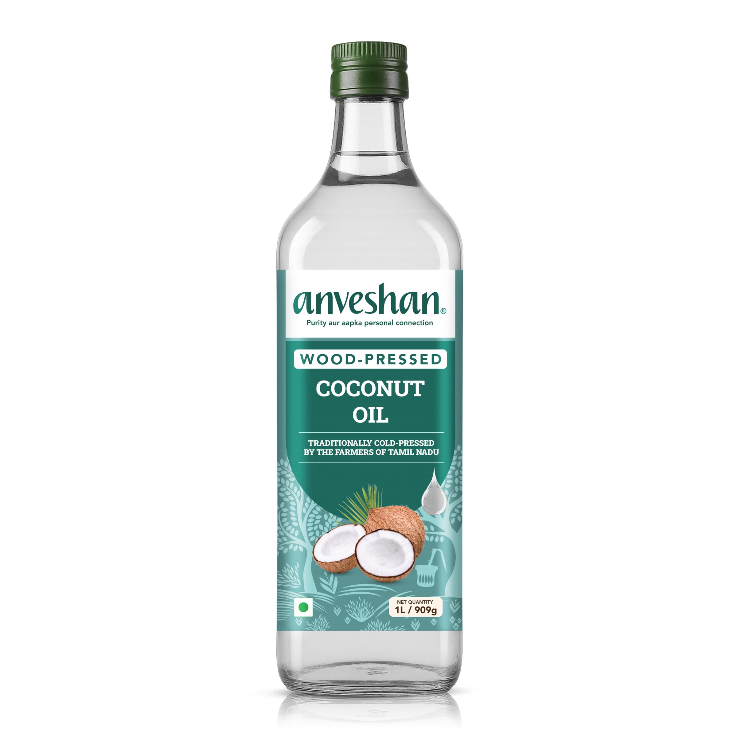 Anveshan Wood Cold Pressed Coconut Oil 1L | Kolhu/Kacchi Ghani/Chekku Method | Plastic Bottle | Natural & Chemical-Free | Edible Grade | Ideal for Cooking, Skin & Hair, Baby Massage