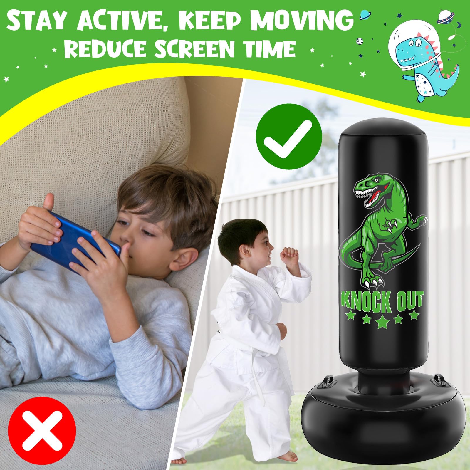 JUOIFIP Larger Stable Punching Bag for Kids, 66" Tall Sports Kids Teens Inflatable Punching Bag with Boxing Gloves, Gifts for Boys & Girls Age 5-12 for Practicing Karate, Taekwondo, MMA