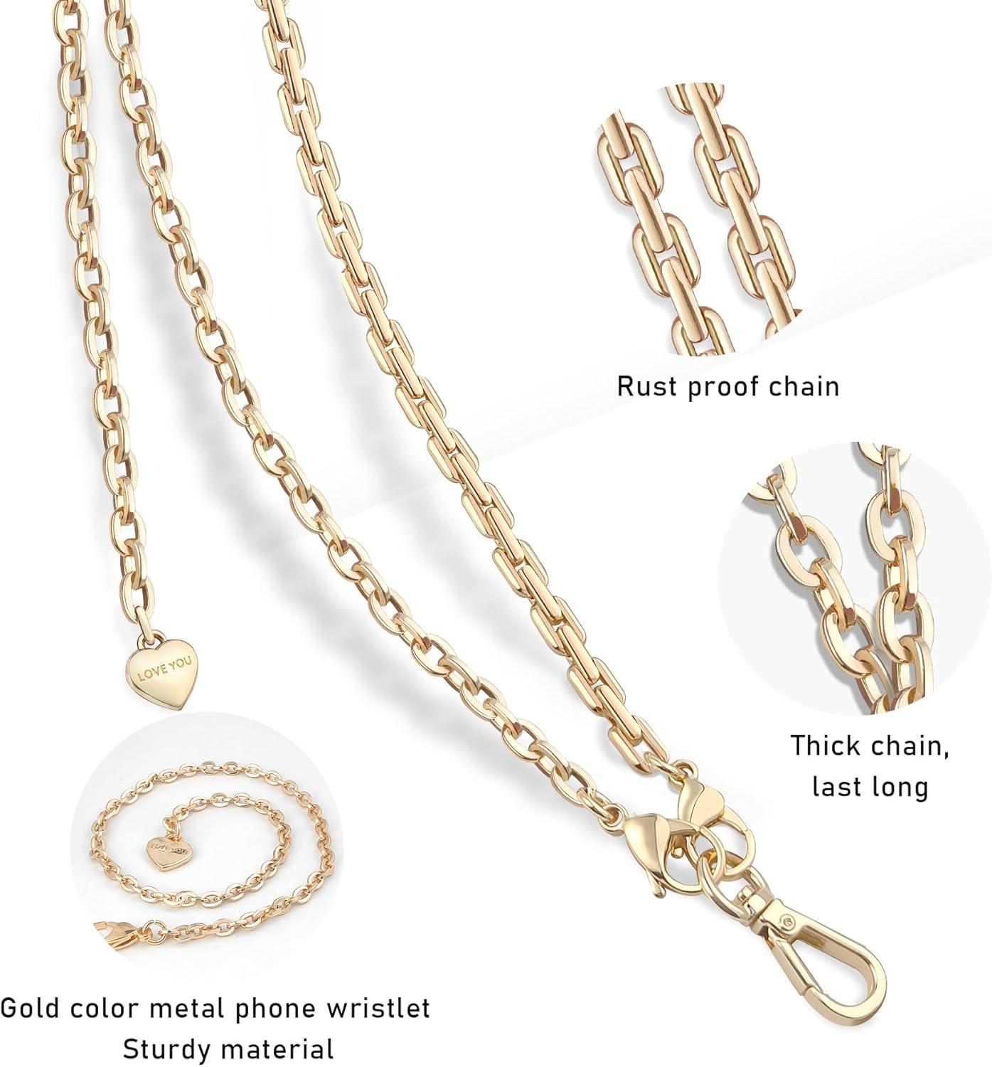 UKON Crossbody Phone Strap, 3 in 1 Phone Lanyard with Metal CellPhone Chain Wristlet Adjustable Crossbody Lanyard Neck Strap For iPhone Case with Clear Tether Tabs