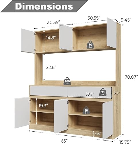 Miniatura 2 de Armario de almacenamiento de cocina, armarios grandes de despensa de 63 pulgadas de ancho con encimera de horno microondas, armario de Blanco +