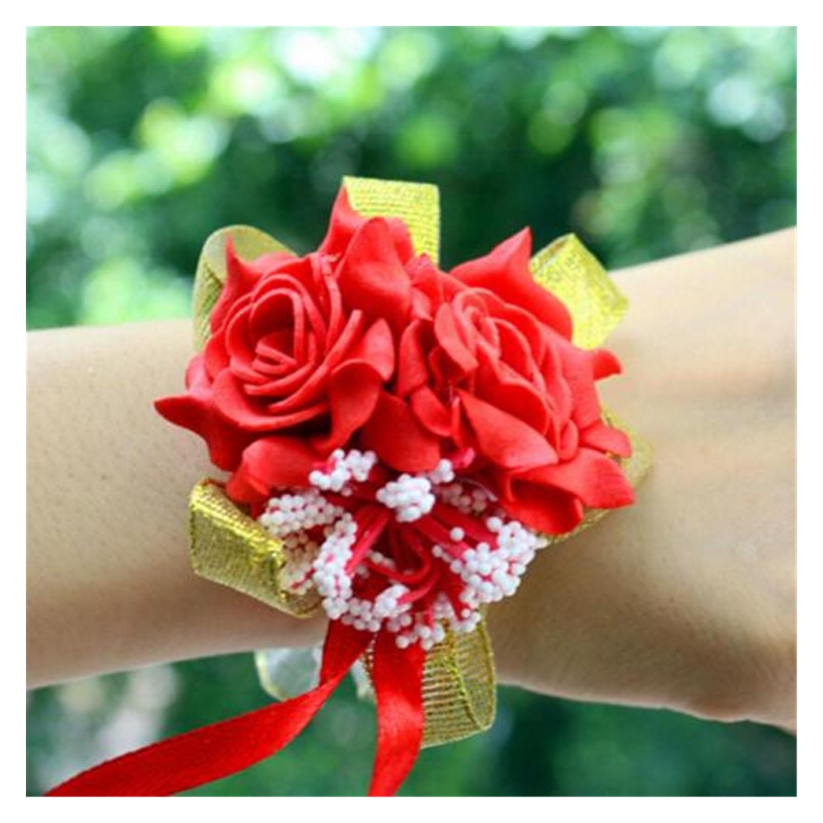 TXLEAPEY Foam Rose Flowers Bridal Bridesmaid Wrist Corsage Wedding Party Ribbon Bracelet(Red)