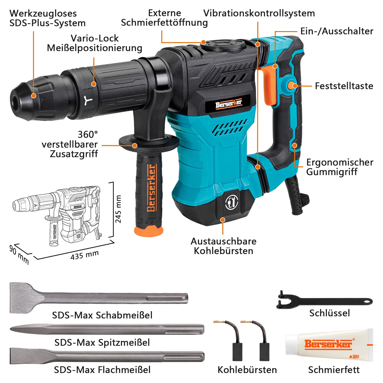 Berserker SDS-Max Abbruchhammer 1300W 15J Stemmhammer 230V für Beton 45HMC