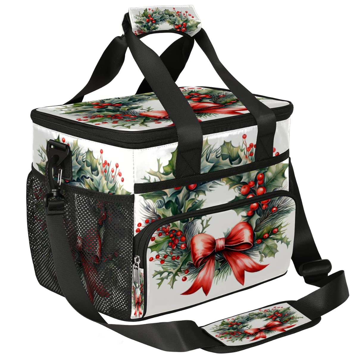 Insulated Picnic Backpack Lunch Box for Women Men Picnic Basket Tote Lunch Bag Picnic Bag Portable Lunch Bags for Picnic, Beach, Work, Trip,Office, Camp Holly Berries Christmas