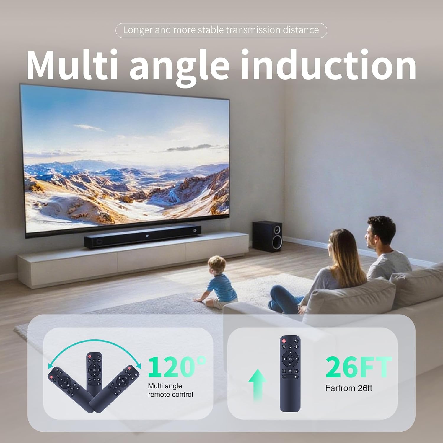Family watching projector with ZWP remote control showing multi-angle induction and 26ft range