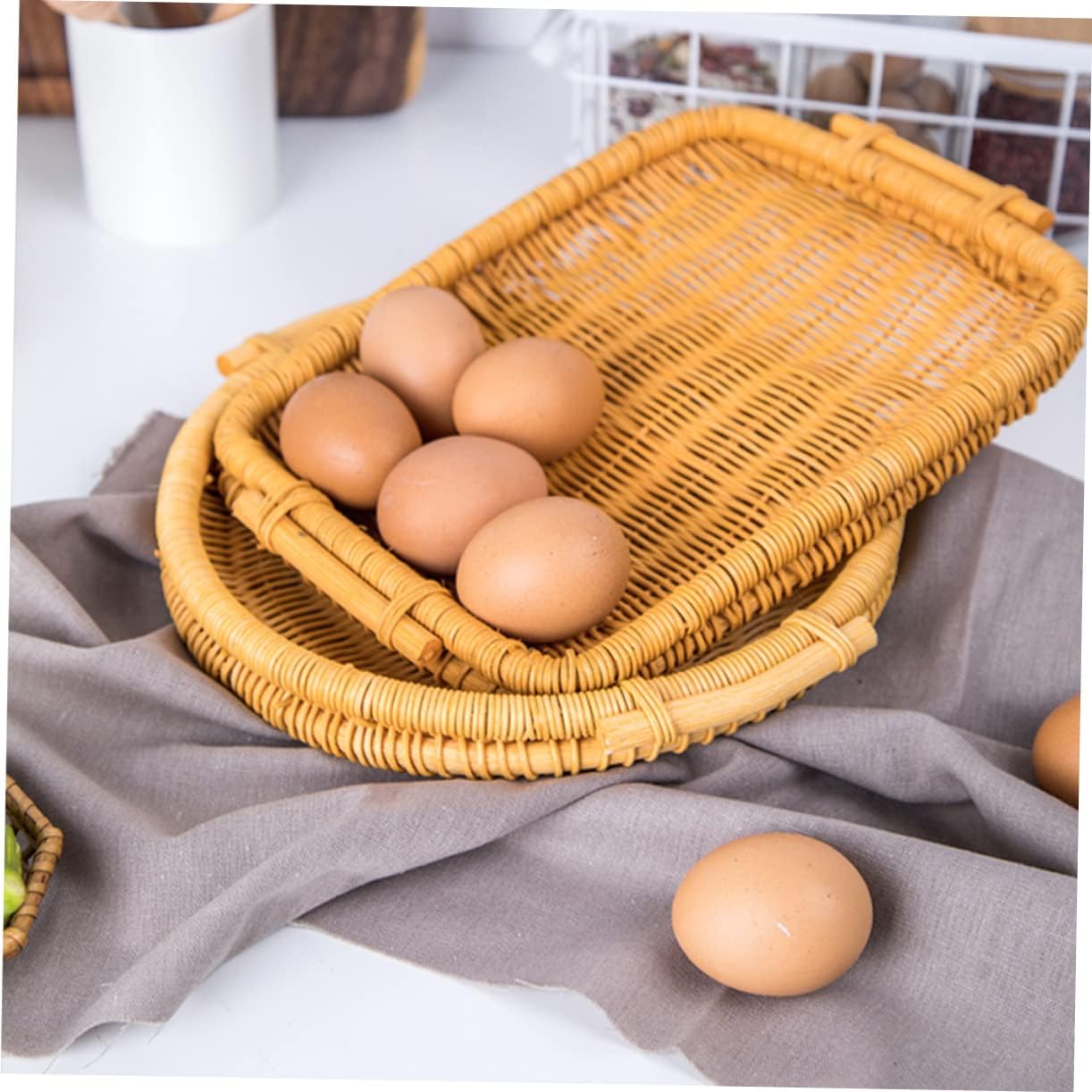Cabilock 3pcs Hand-woven Rattan Fruit Basket Decorative Food Storage Holder Rectangle Design for Bread Baking and Fruit Food Display Basket for Kitchen Photography Props