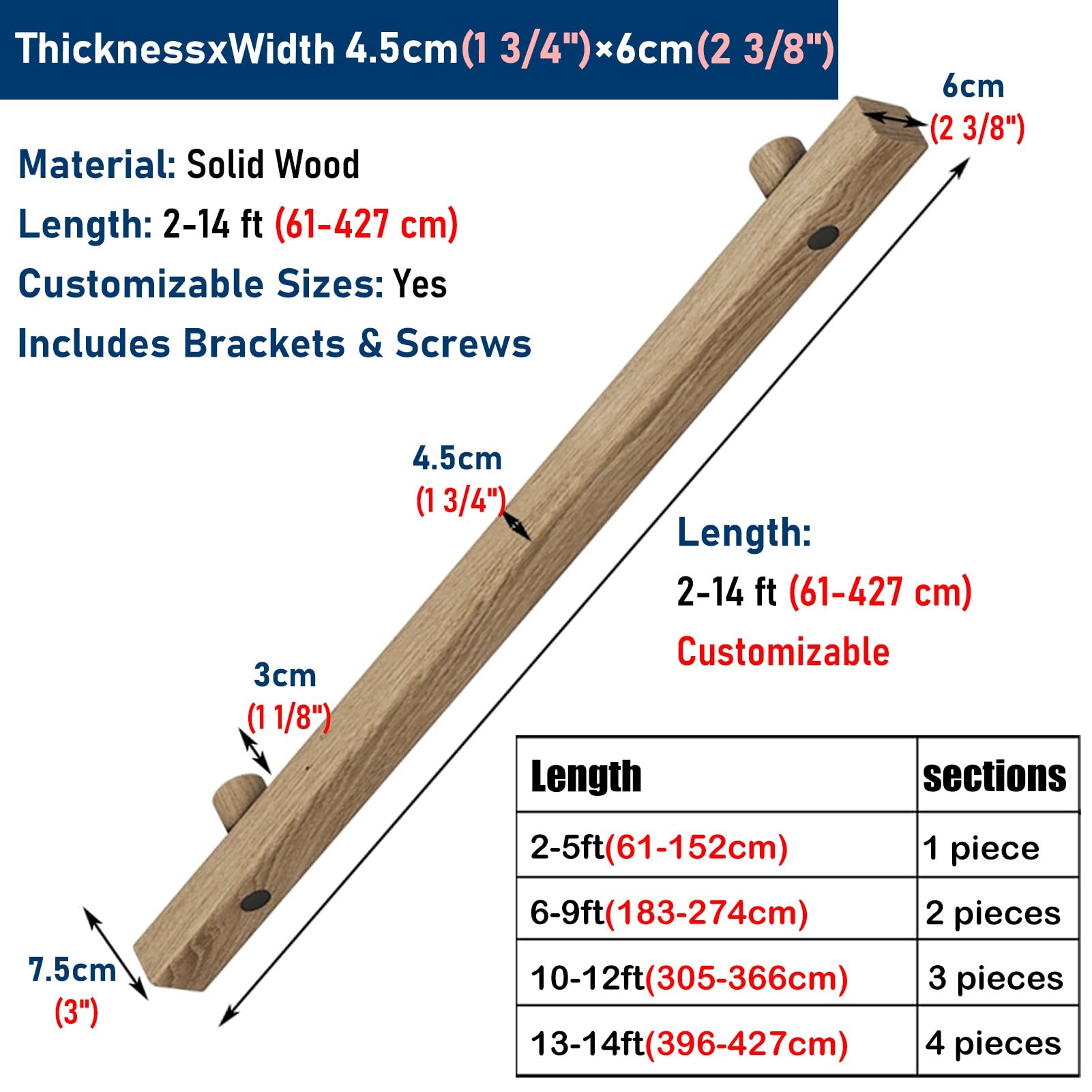 13 Fuß Lange, rutschfeste, wandmontierte Holztreppe für den Innenbereich, geeignet für Senioren und Menschen mit Behinderungen, Naturholz für Haus und Garten, Flure, Terrassen und Treppen