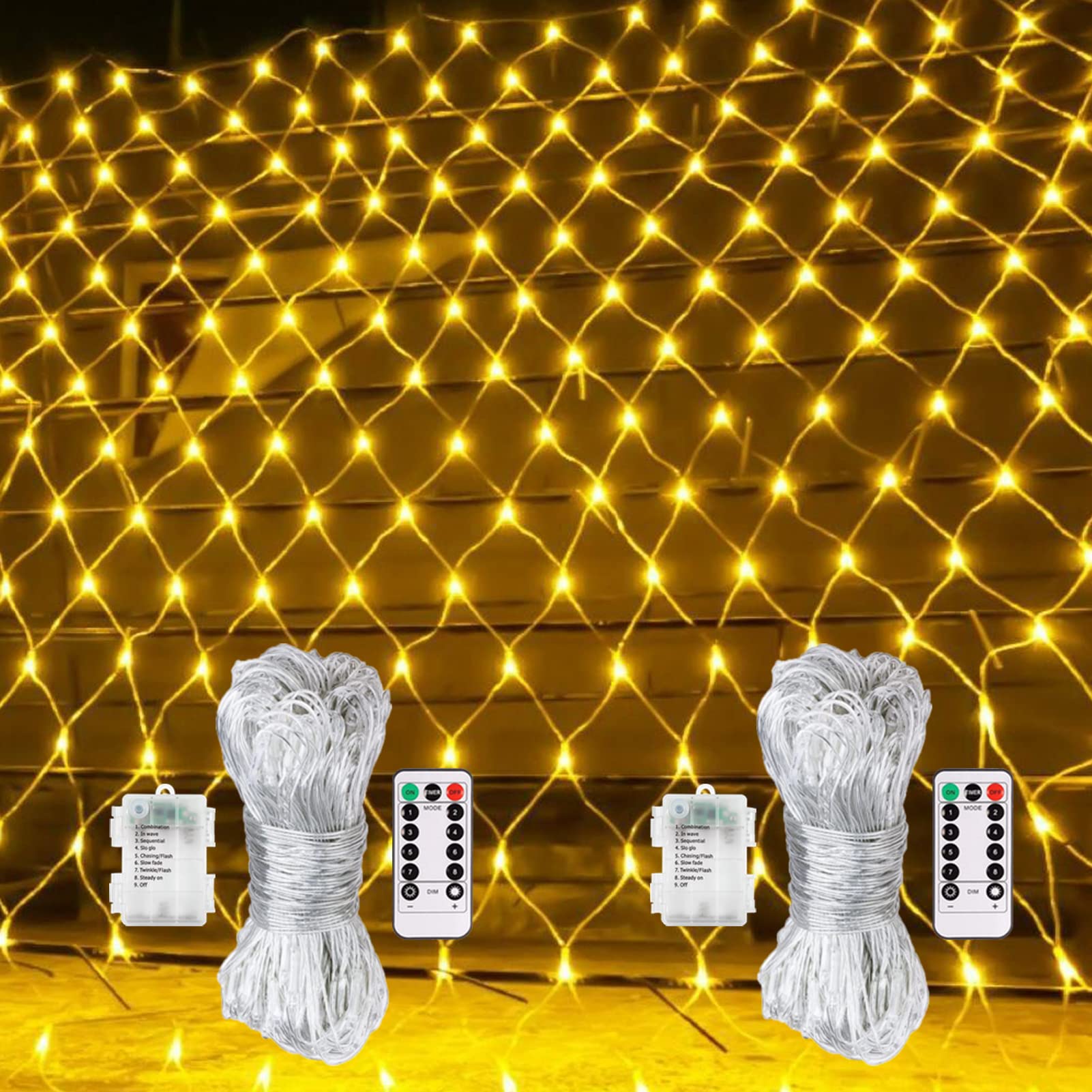 [Paquete de 2] Luces de red de Navidad con batería, blanco cálido 1,5 m x 1,5 m 100 luces LED con luces de malla remotas para exteriores para árbol de Navidad, arbustos, decoración de jardín