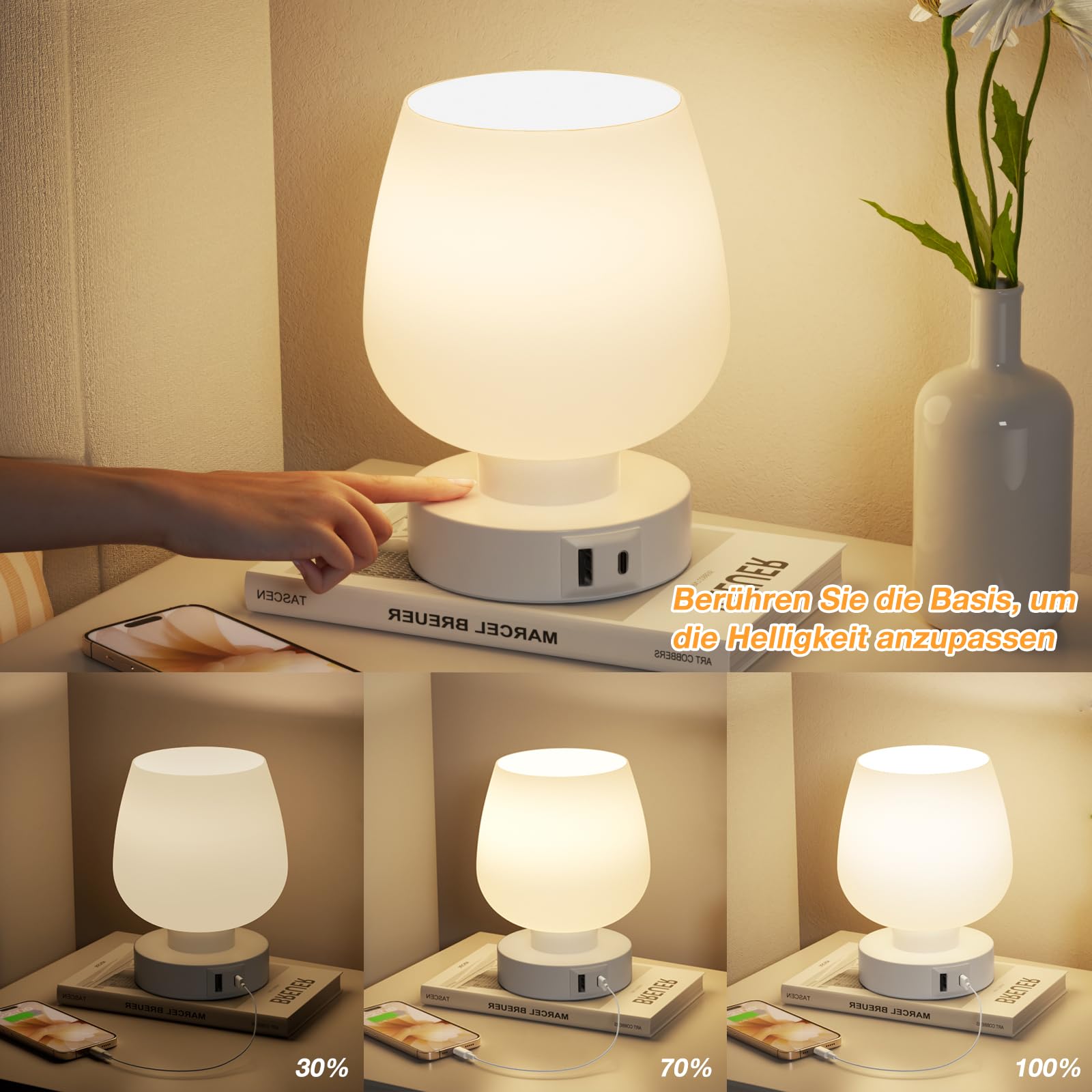Nachttischlampe Touch Dimmbar 2er Set, Tischlampe mit USB A+C Anschlüsse LED Birne, 3-fach Dimmbar, Kleine Glas Lampe für Nachttisch Schlafzimmer Wohnzimmer Babyzimmer