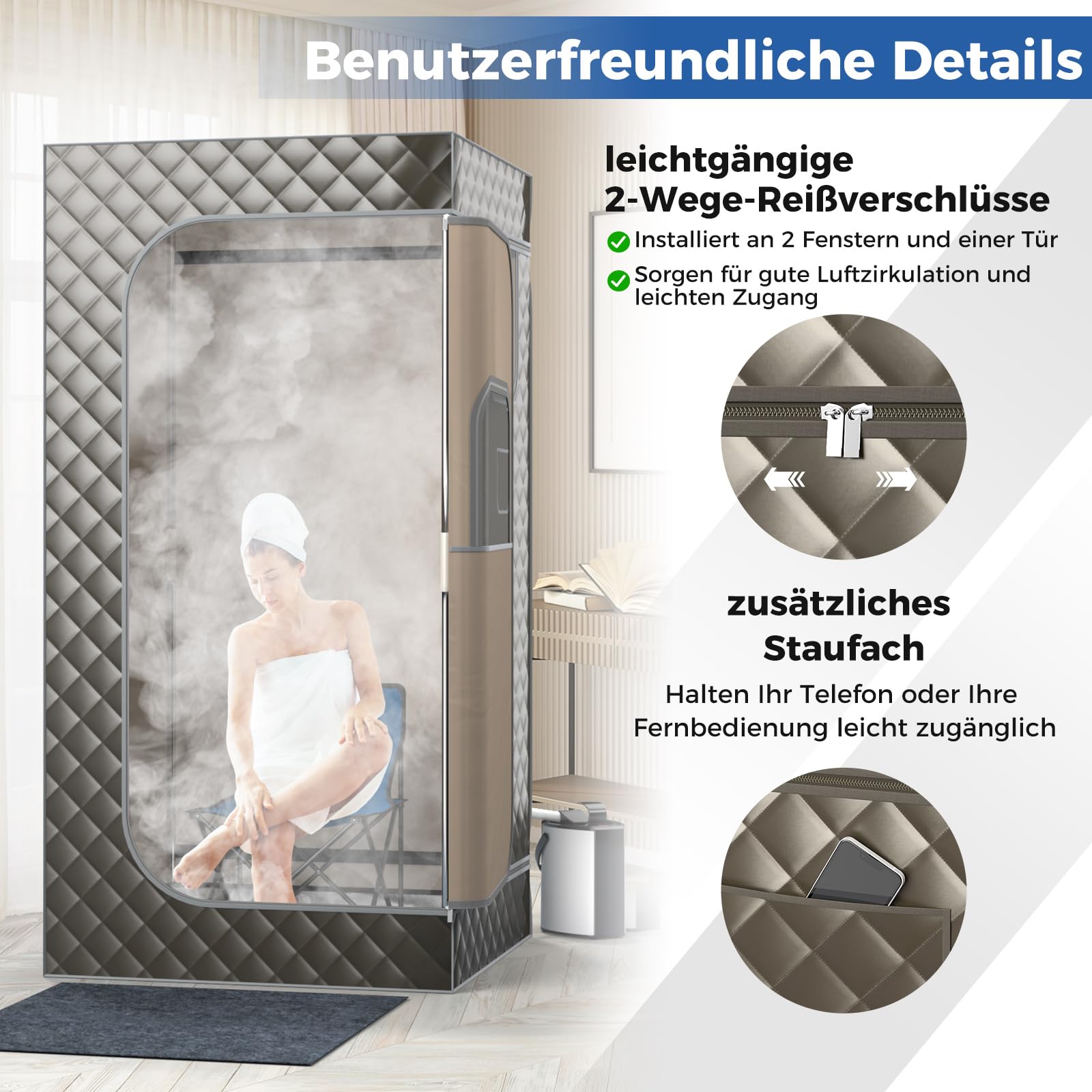 COSTWAY Dampfsauna Heimsauna für Zuhause, Ganzkörpersaunabox mit 3-Liter-Dampfgenerator, Fernbedienung, Fußmassagegerät & Klappstuhl, tragbare Saunazelt 91 x 91 x 183 cm (grau)
