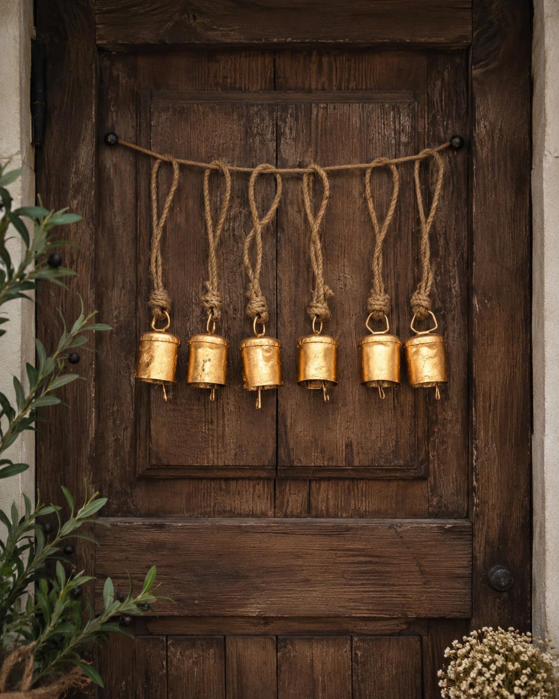 Brass Rustic Christmas Bell Small Vintage Rustic Lucky Tin Metal Cow Bells Handmade Christmas Décor Bells on Jute Rope (6, Cylinder) Hanging Bells for Decoration Cow Bells Christmas Decor