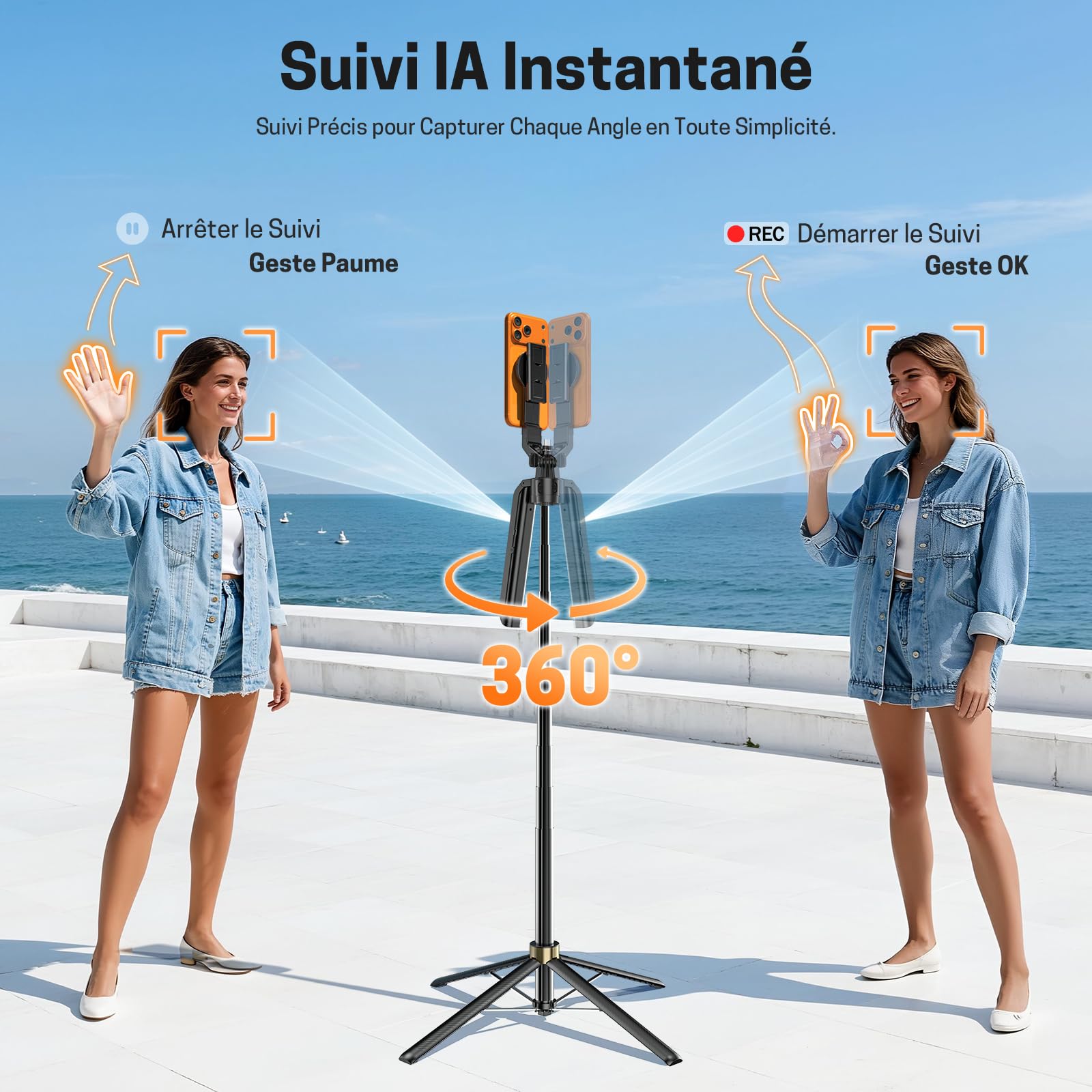 Jeebel Trépied de Suivi Automatique du Visage, 180cm Perche Magnétique pour Selfie avec Lumière LED/Commande Gestuelle/NO App/360° Rotatif, Stabilisateur de Cardan pour iPhone DSLR de Vidéo Live Vlog