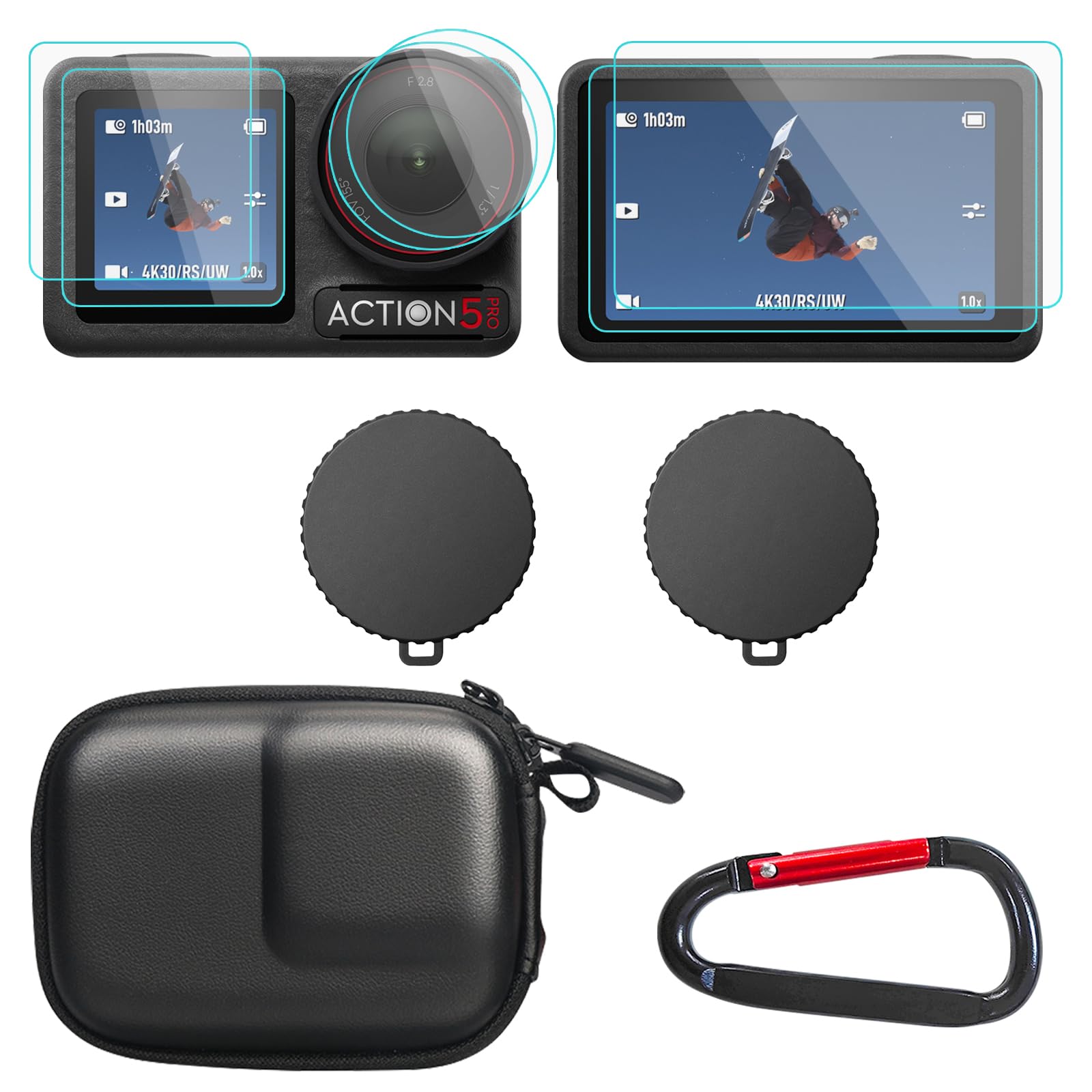 JIMOVA OSMO Action 5 Pro Accessories, PU Portable Mini Carrying Bag Case, Lens Screen Protectors (6 Pack) Comatible with DJI Osmo Action 5 Pro, Rubber