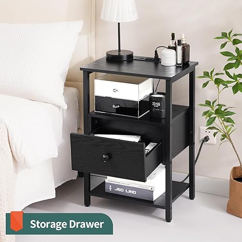 Miniatura 4 de Yoobure Juego de 2 mesitas de noche, mesita de noche con estación de carga, con puertos USB, mesitas de noche con cajón de madera y estante de