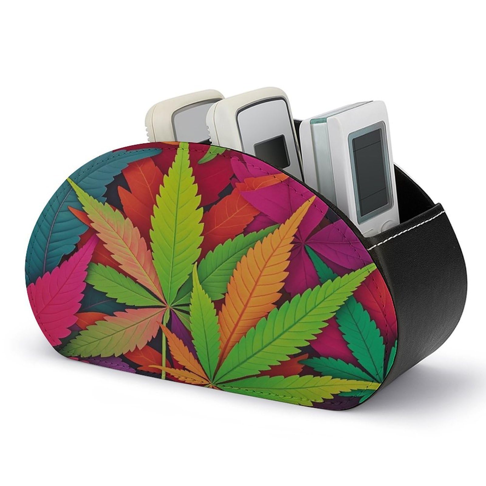 FekiLoot Leather TV Remote Control Holder with 5 Compartments Multifunctional TV Remote Holder Bedside Table Remote Caddy Storage Box MultiColor Leaf Weed Art Remote Organizer for Home Office