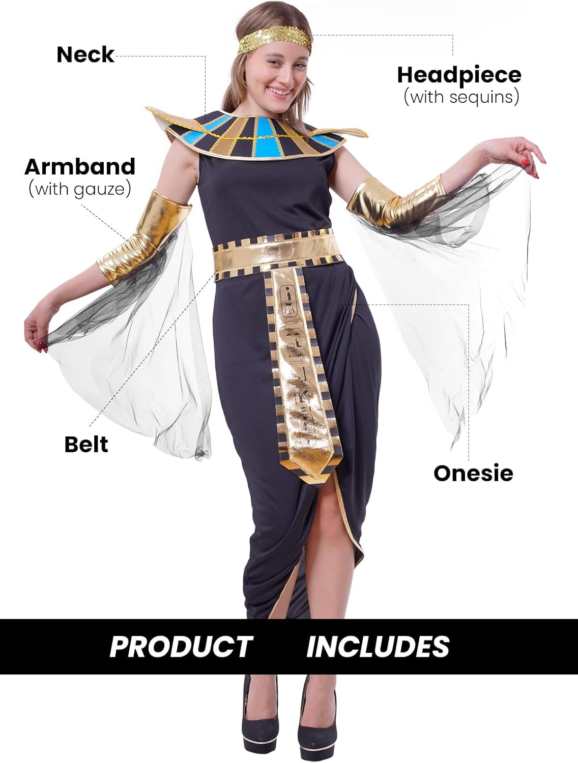 Wildarms Egyptian Costume Women Set 5 Pcs- Cleopatra Inspired Party Dress with Accessories for Halloween, Christmas - Image 2