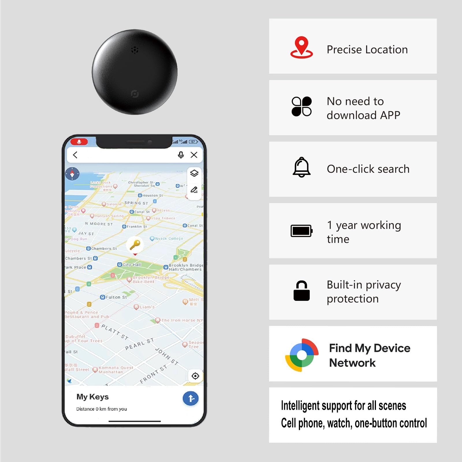 JieWeiXun Localisateur GPS mondial ultra fin pour clés/portefeuille/bagages via Google Find My Network (Noir, 4 pièces)