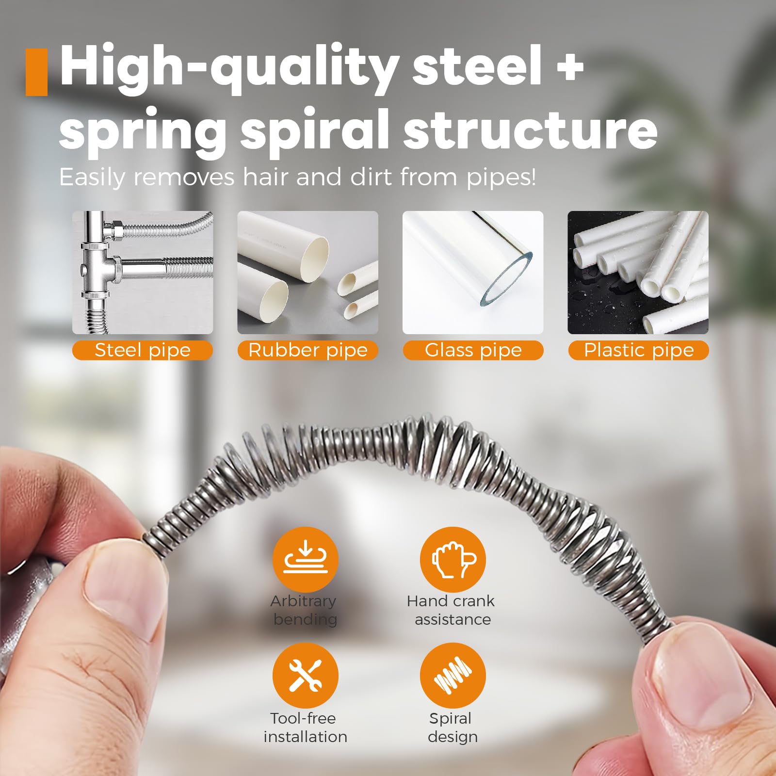 Molla Sonda Sturatubi 10M, Riutilizzabile Sonda Sturatubi Professionale con guanti,Stura Lavandini e Scarichi Kit di Attrezzi per Fognature, Cucine, Bagni, WC e tubi di Scarico Intasat
