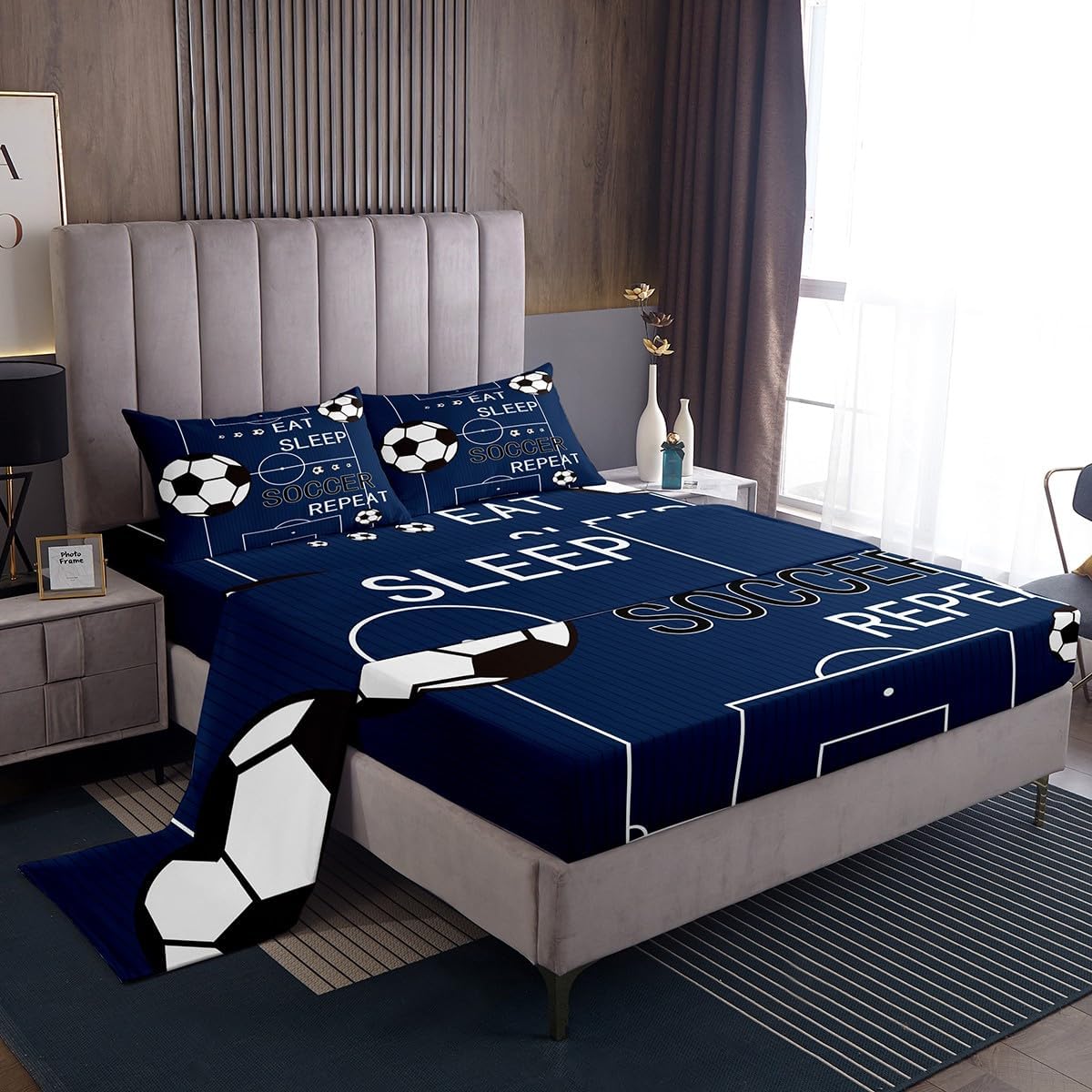 jejeloiu Kids Soccer Sheet Set Queen Size Football Sheets with Deep Pocket Fitted Sheet Boys Girls Eat Sleep Bed Sheets Set Sports Theme Gaming Sports Navy Blue Bedding Set