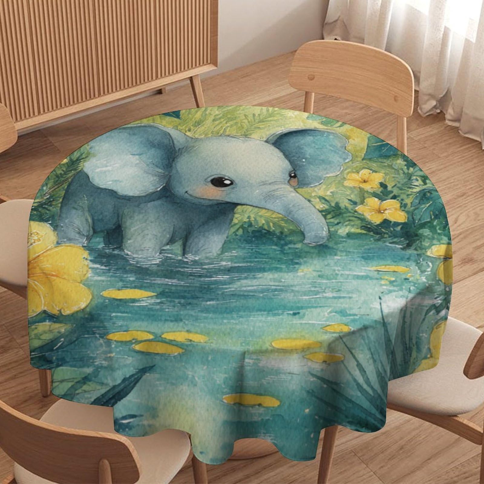 LUYYSKY Rustic Watercolor Baby Elephant Round Tablecloth Colorful Funny Tropical Jungle Animal Elephant Floral Washable Decor for Table Cover for Kitchen-127 Wx127 L cm