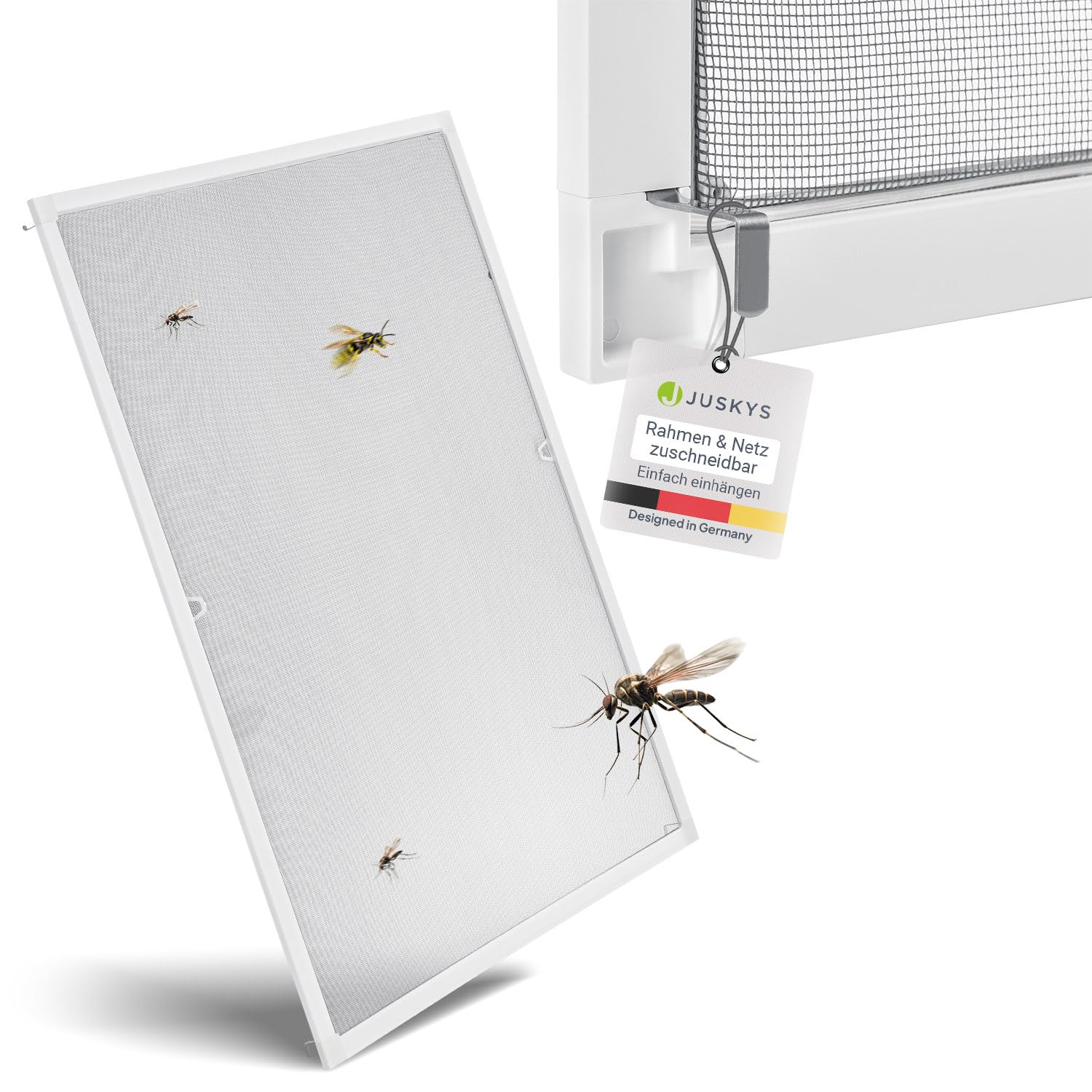 Juskys Fliegengitter Fenster 80x100 cm – Insektenschutz mit Alu Rahmen zum Einhängen, Montage ohne Bohren, Mücken- & Fliegenschutzgitter – Weiß