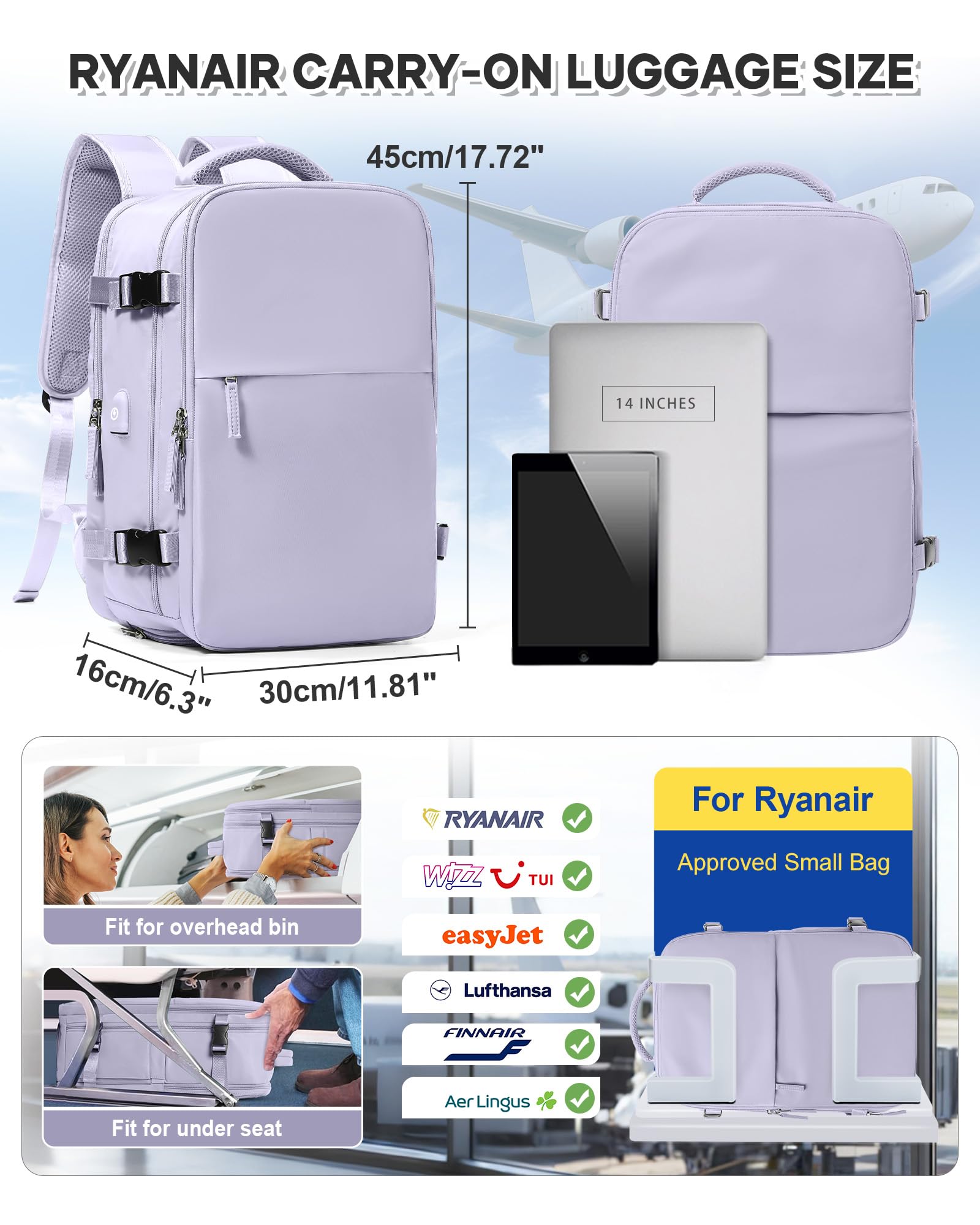 BJLFS Zaino da Viaggio con Sottovuoto Ryanair 40x30x20 Wizzair Bagaglio a mano 40x20x25 Ryanair con Pompa Borse da Cabina per Easyjet 45x36x20 con compressione sottovuoto,Zaino Casual per Laptop