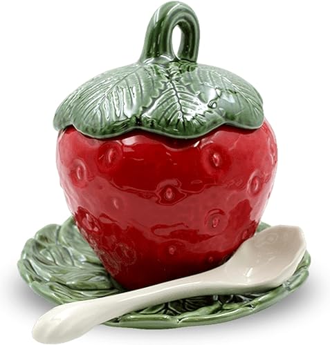 Miniatura 3 de Faiobidos Azucarero grande de cerámica pintado a mano con cuchara, tapa y platillo rojo