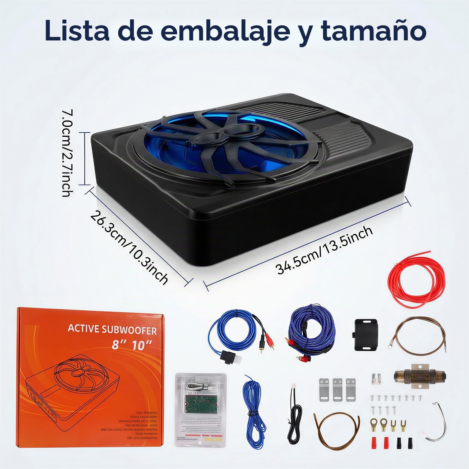 OiLiehu Subwoofer para Coche de 10 Pulgadas y 1000W, Subwoofer con Sonido Envolvente Estéreo, Amplificador de Audio Integrado, Entradas de Bajo y Alto Nivel, con Luz Ambiental LED Azul