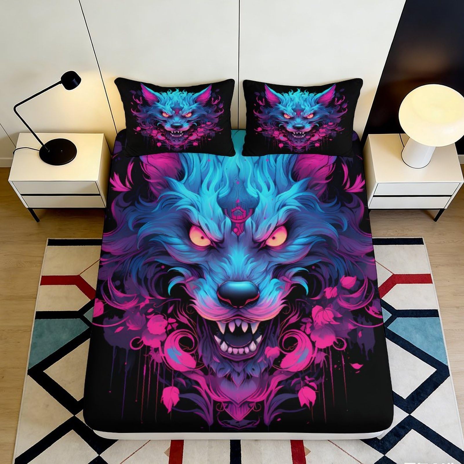 3D Printed Neon Wolf Fitted Sheet Microfiber Breathable Psychedelic Animal Mattress Cover for Bedroom Dorm 90x200x25cm
