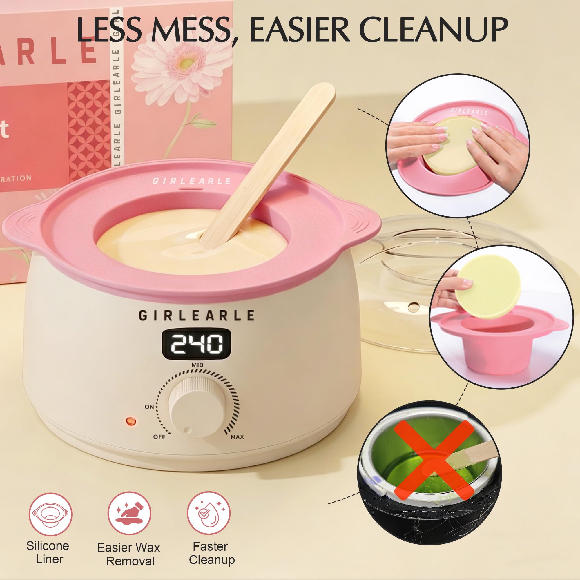 GIRLEARLE Kit de depilación digital premium para mujeres y hombres, calentador de cera en casa con cuentas de cera y olla de silicona, se dirige a diferentes tipos de piel sensible, bikini brasileño