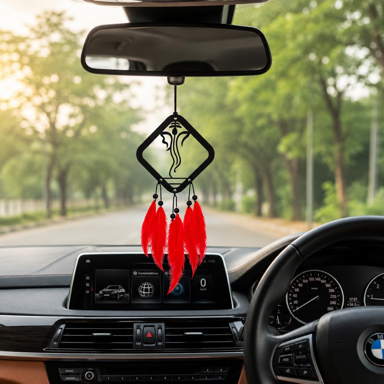 MONSSA Ganesha Dream Catcher Car Decoration Items Interior Spiritual Charm Car Hanging Accessories Interior Protection Ornament for Positive Vibes Car Mirror Hanging Gift -Square Black & Red-image-25