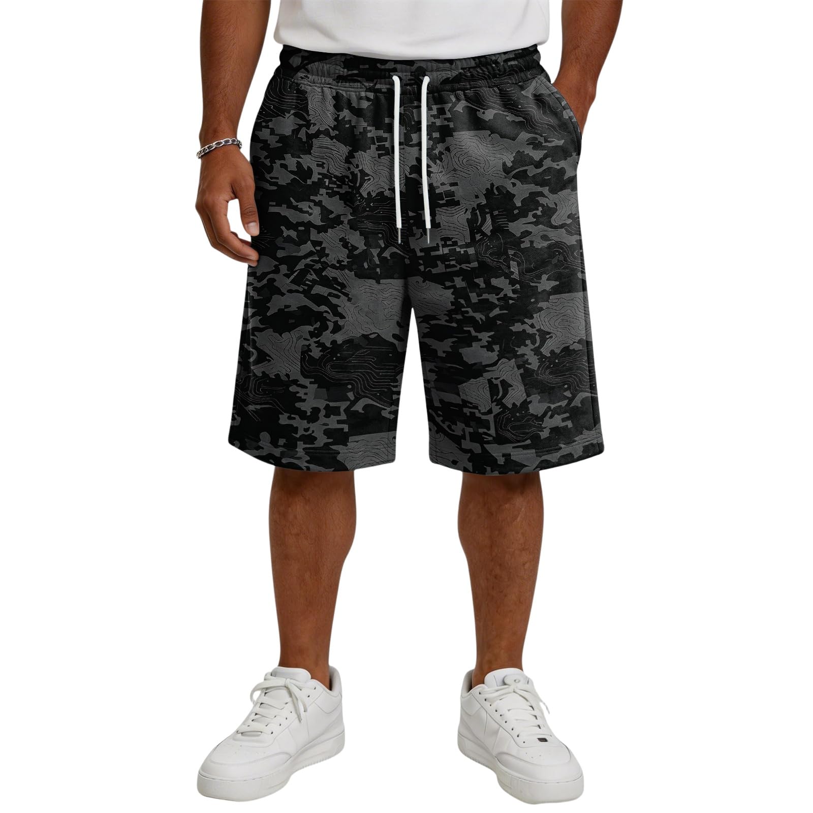 SOOUICKER Kurze Hosen Herren Sommer Stoff Sport Shorts Bermuda Shorts Gummibund Kurze Jogginghose Fitness Leichte Sommerhose Kurz Sweatshorts mit Taschen