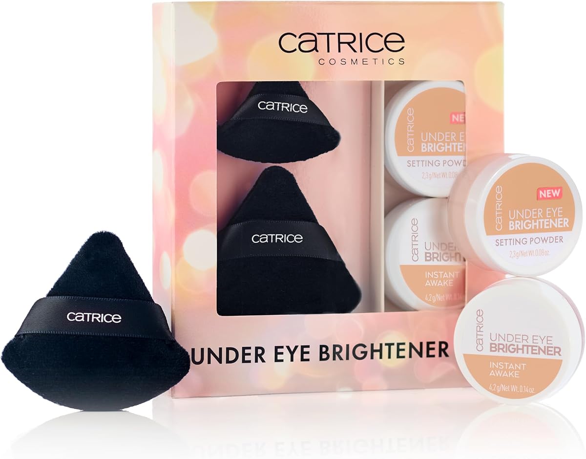 Set de regalo de abrillantador y polvo fijador debajo de los ojos Catrice (020 | Warm Nude) | Corrector iluminador debajo de los ojos, polvo fijador y borlas de polvo, ilumina, corrige y fija, paquete de maquillaje vegano y libre de crueldad animal