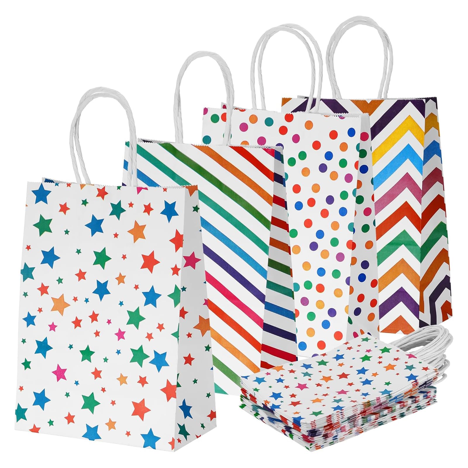 Paper Party Bags with Handles - 24PCS Reusable Small Gift Bag Colourful for Sweets Cookie Candy Favor Birthday Wedding Christmas Baby Shower 4 Patterns