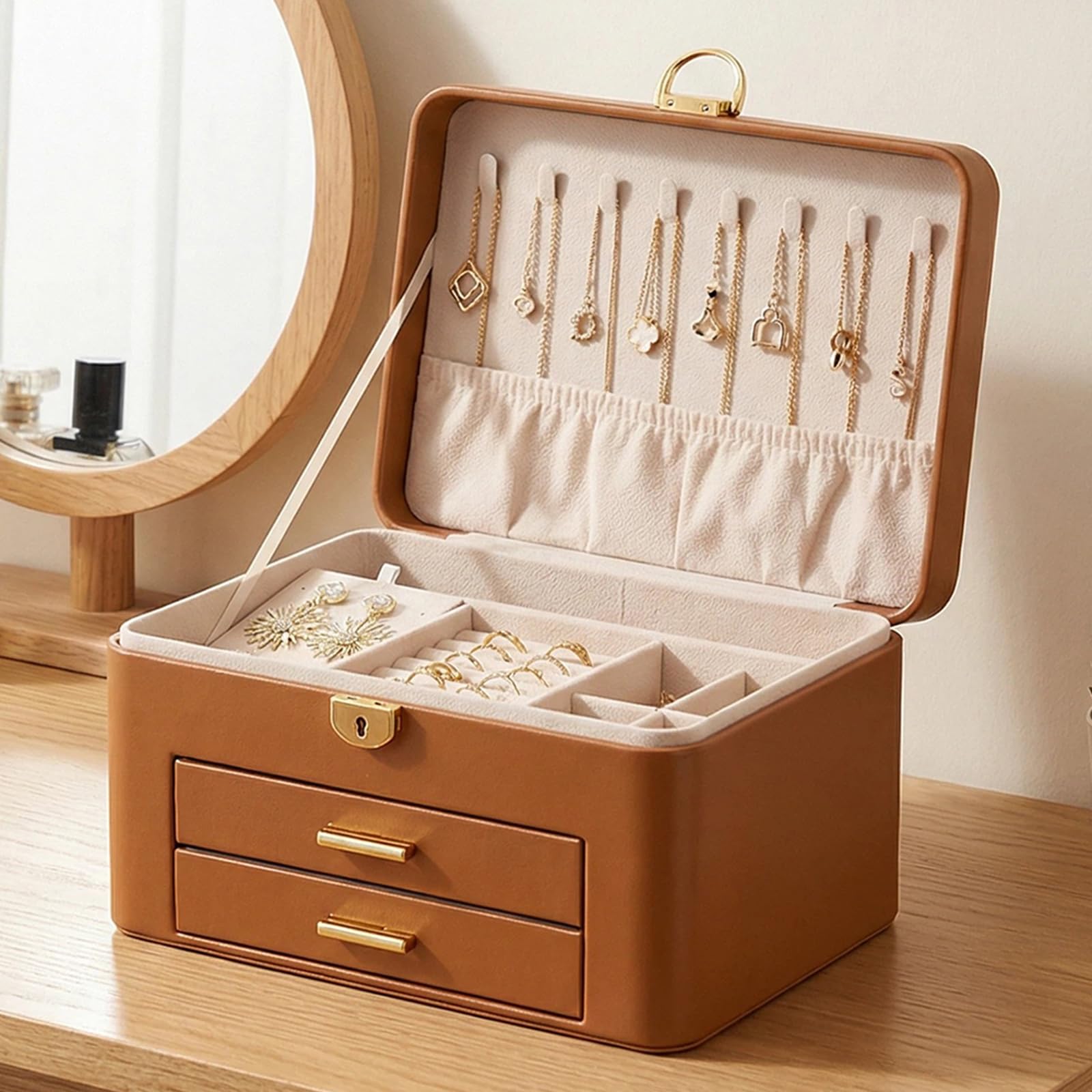 Jewelry Box for Women Large Dresser Top Organizer with 3 Layers 2 Drawers PU Leather Storage Case for