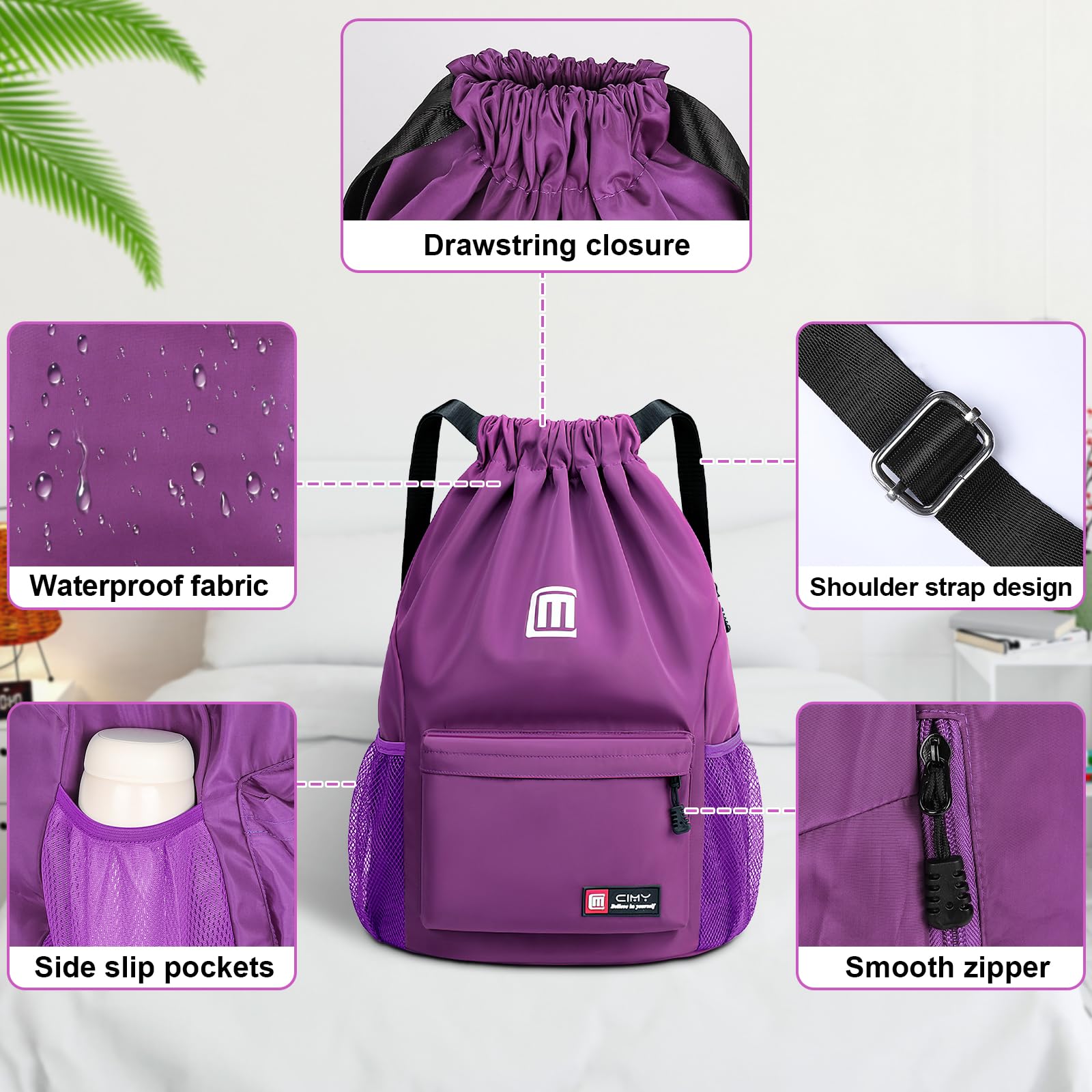 Tesmien Drawstring Bags,Waterproof Swimming Bags Unisex Sports Backpacks for Kids Adult Large Drawstring Sackpacks Bags for School Gym Sports Travel Swimming-Purple - Image 2