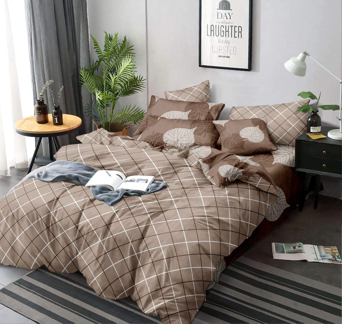 Laying Style™Soft Glace Cotton Printed King Size Elastic Fitted Bedsheet and 2 Pillow Covers, Size:72x78x8 Inch, Pack of 3