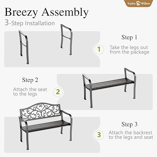 Miniatura 5 de Sophia & William Banco para exteriores, banco de jardín de metal, bancos de parque de hierro fundido para exteriores con respaldo de diseño floral