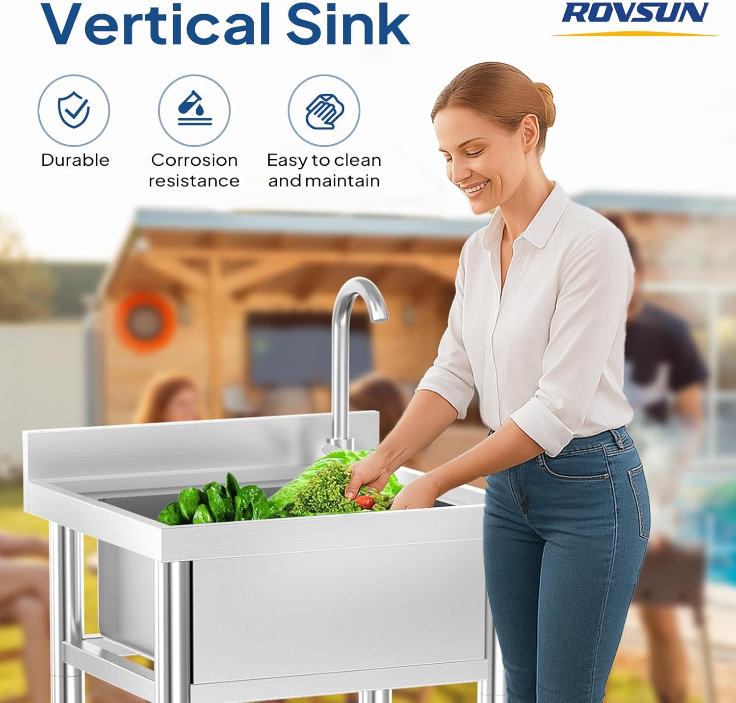 ROVSUN Stainless Steel Utility Sink with Faucet and Storage Shelf, 19.6"D x 21.6"W x 36.9"H, Compact Freestanding Single Bowl Wash Basin for Restaurant, Kitchen, Laundry, Garage & Outdoor Use