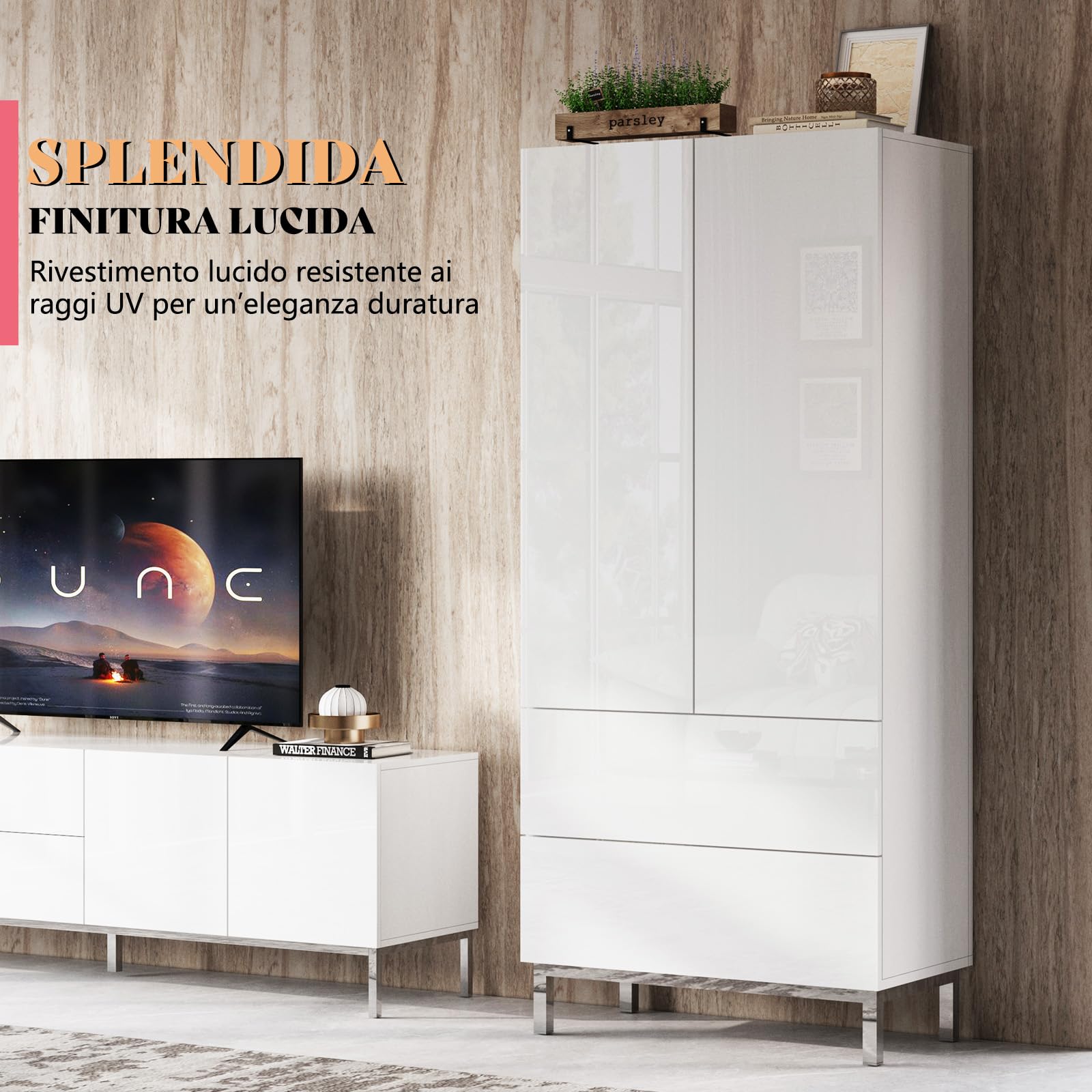 LUXOAK Modern Hochglanz Wohnzimmer Schrank, Weißer Hochschrank 170 cm mit Schubladen & Verstellbaren Einlegeböden, Aufbewahrungsschrank für Wohnzimmer