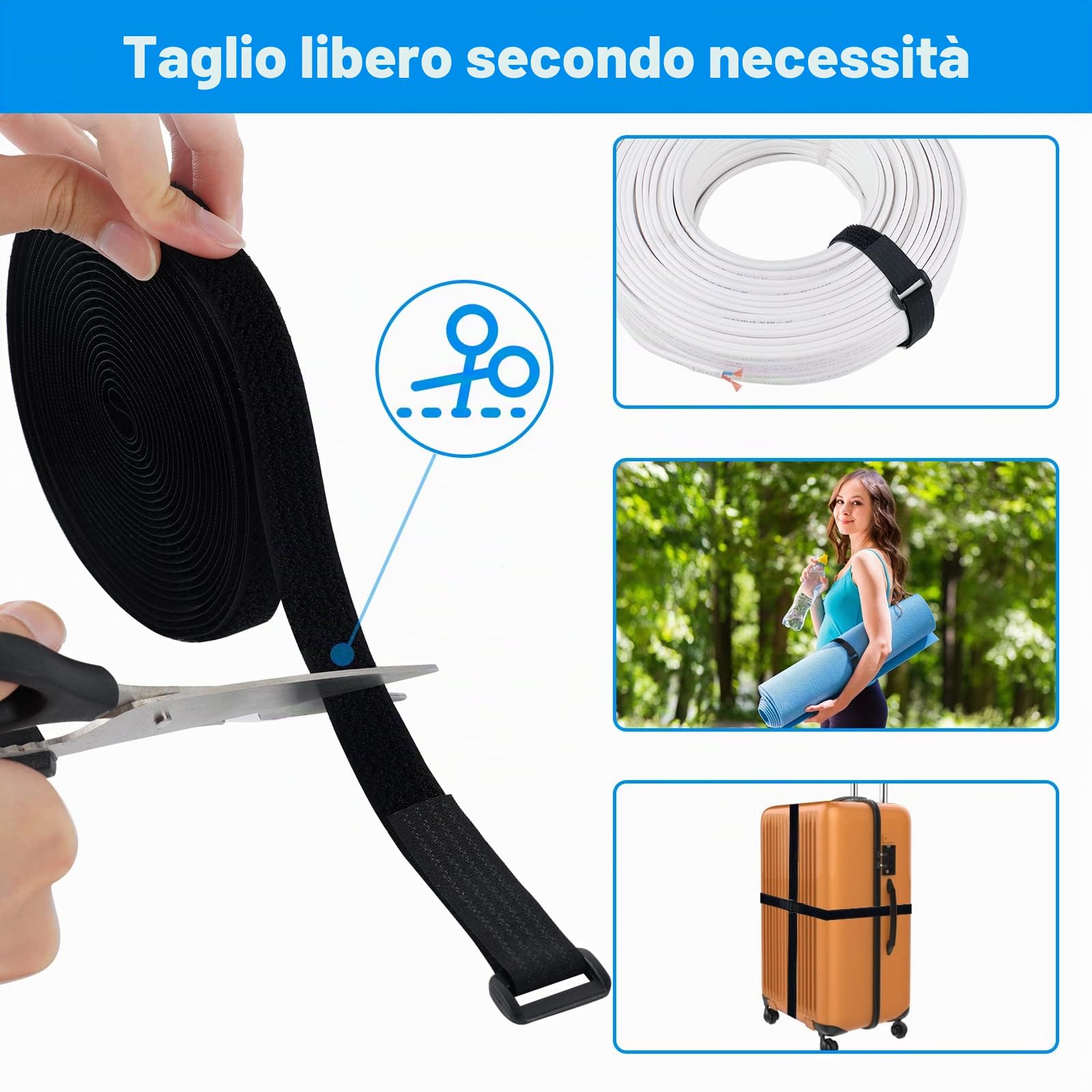Ainiv 10 m Fascette per Cavi Regolabili,Fascette Riutilizzabili in Nastro Autoadesive con 50 Fibbie, Lunghezze a Taglio Libero, Organizzatore di Cavi e Fili Multiuso per Ufficio,Casa (Nero, 10mx20mm)