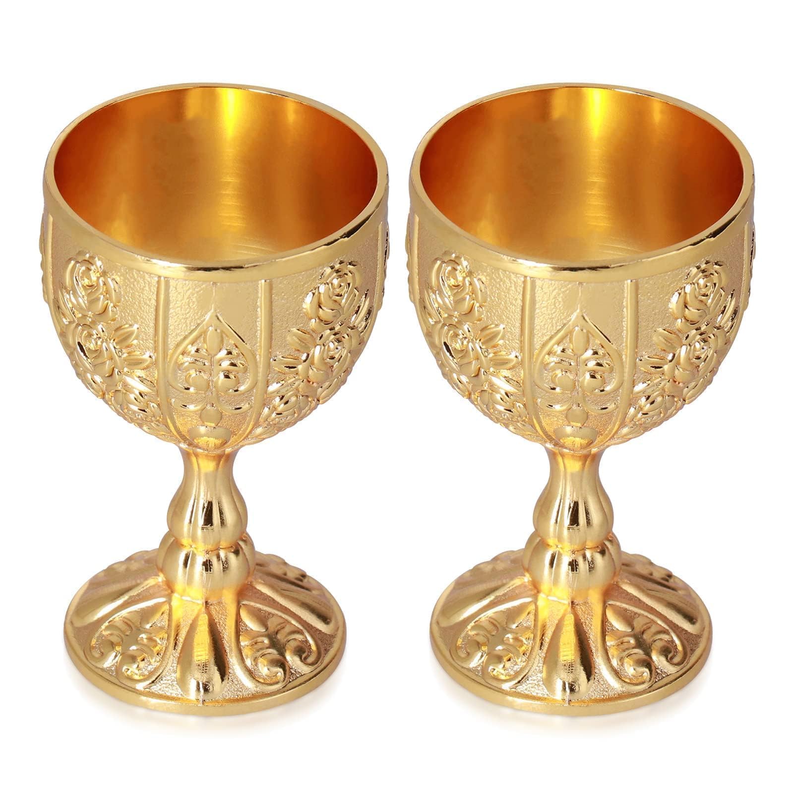 2 Verres à Vin Vintage En Métal Doré Gaufré - Motif Fleurs Gravé à La Main - Pour Bar, Décoration, Cadeau